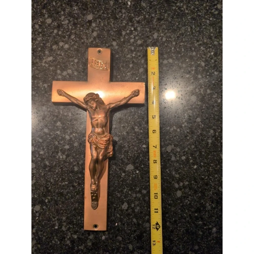 Vintage Parsons Crucifix Casket Topper Copper Color Metal Curved 12